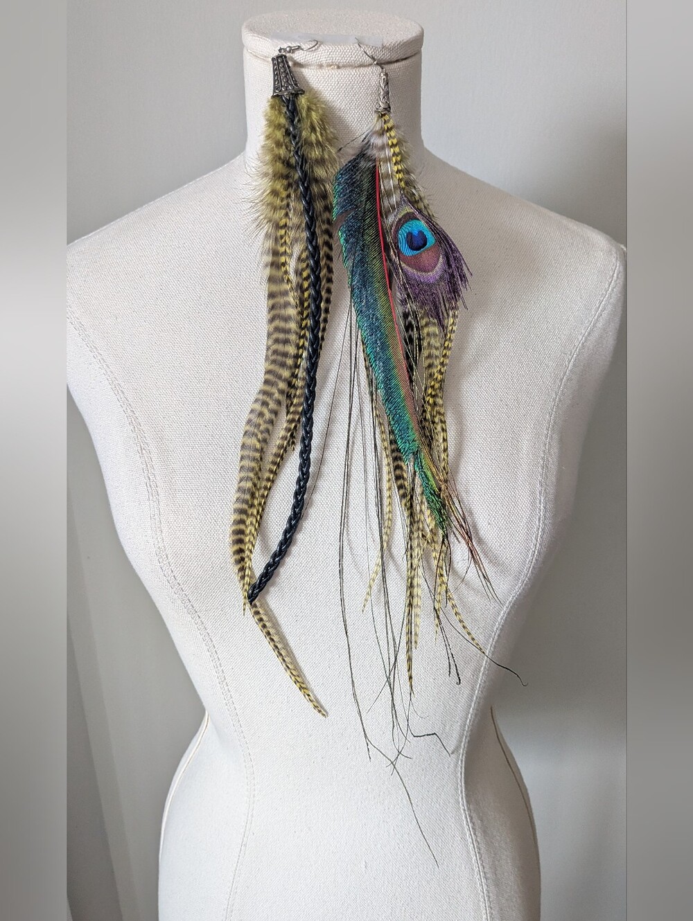 Lot 2 Indie Boho Mismatched X-Long Feather Yellow Peacock Earrings